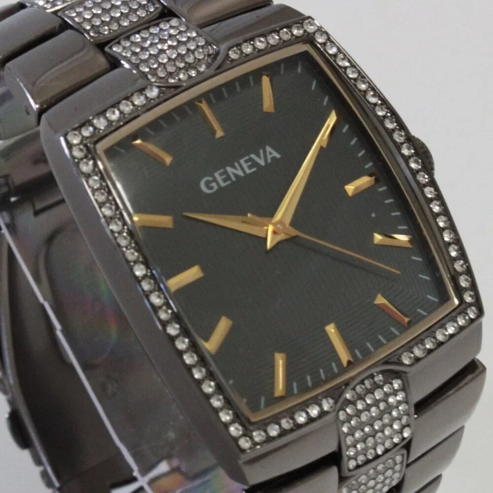 Geneva Men's Tank Style Quarts Watch Gun Metal Grey With Stone Accents 37mm